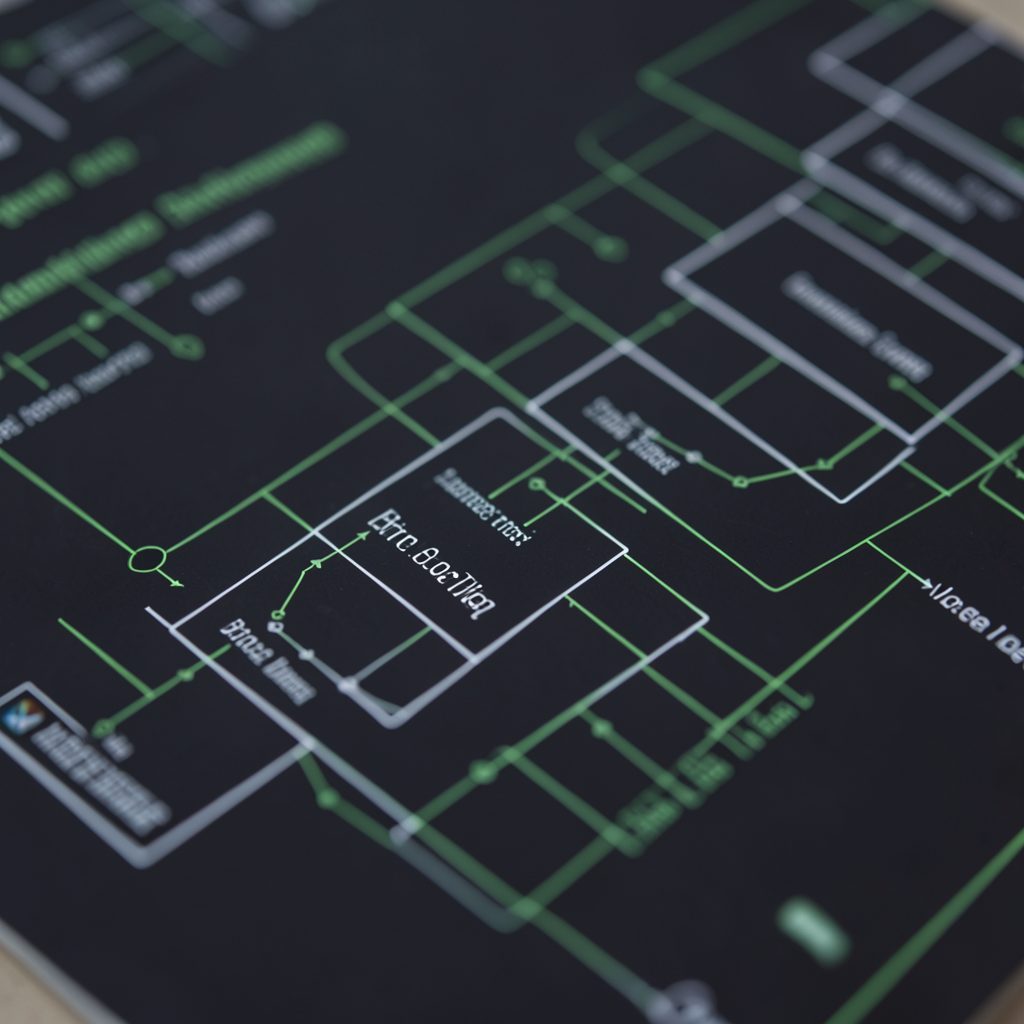 Layered network protocol diagrams on a dark background with subtle green and white line-art, evoking technical telecommunications infrastructure