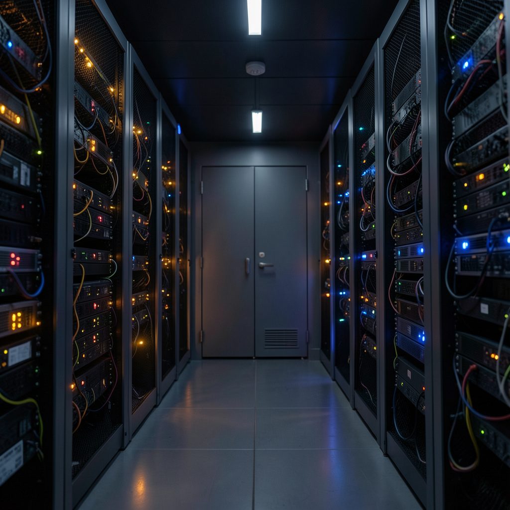 Dark atmospheric server-room corridor with glowing amber and blue indicator lights on tall equipment racks