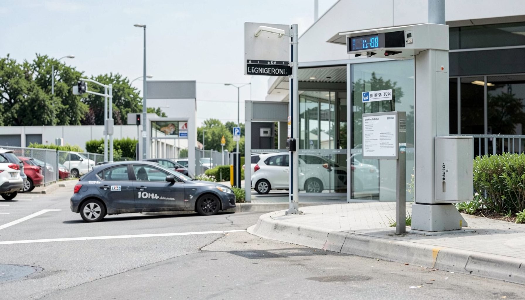 A vehicle approaching a license plate recognition camera at a parking entrance, daytime, neutral gray and green tones