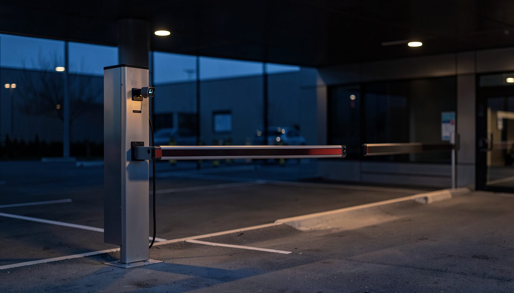 Modern parking facility entrance with an automated barrier gate and license plate recognition camera mounted on a sleek post, clean corporate aesthetic